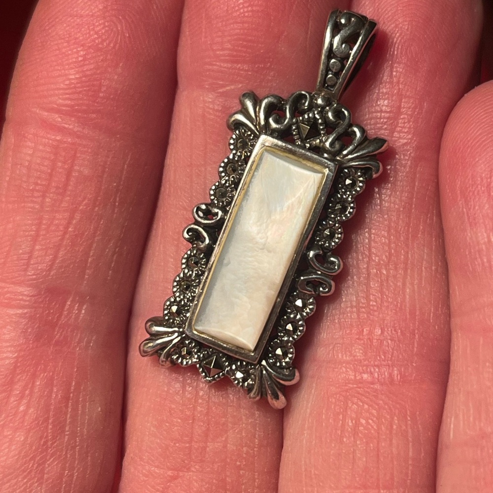 Elegant Sterling Silver Mother of Pearl and Marcasite Pendant